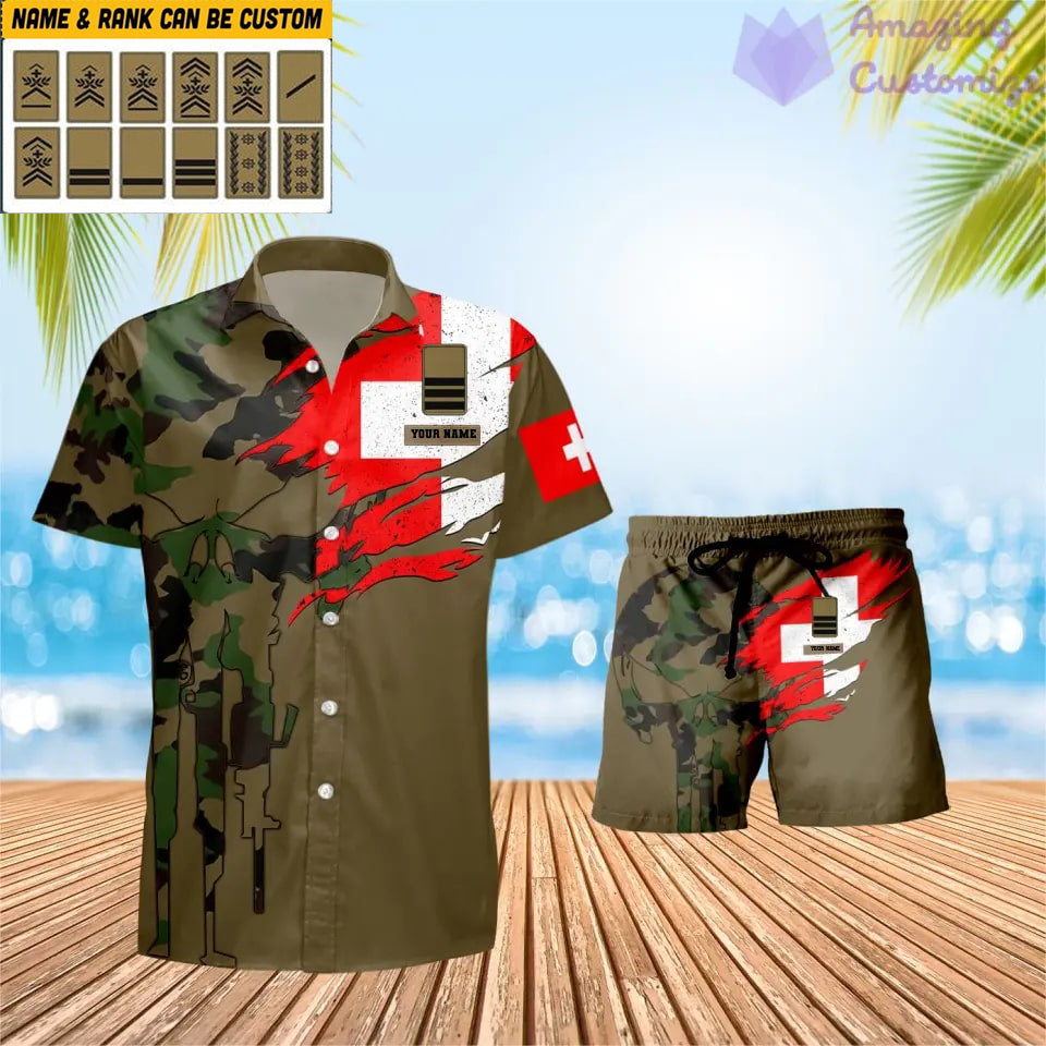 Personalisiertes Schweizer Soldat/Veteranen-Tarnmuster mit Rangkombination Hawaiihemd + Shorts 3D-Druck – 1011230001QA