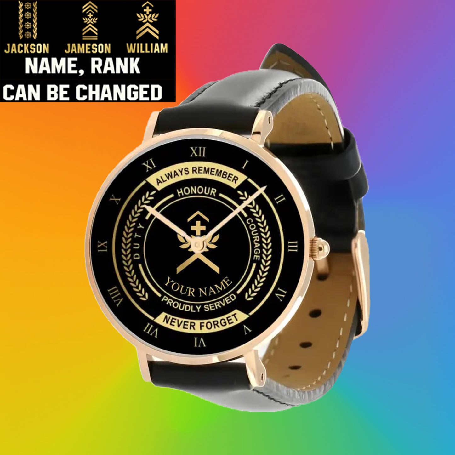 Personalisierte Schweizer Soldat/Veteran mit Namen, Rang, schwarze genähte Lederuhr – 0603240002 – Goldversion