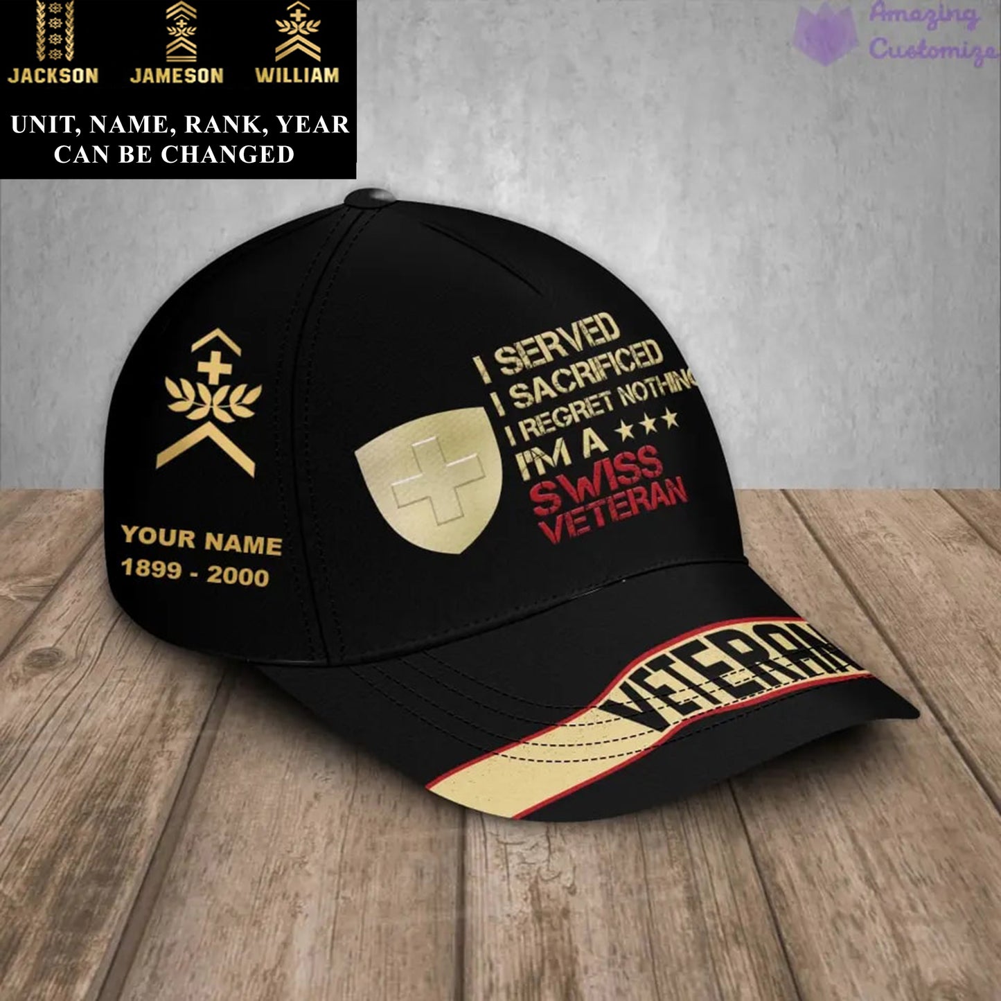 Personalized Rank, Year And Name Swiss Soldier/Veterans Camo Baseball Cap - 17167680