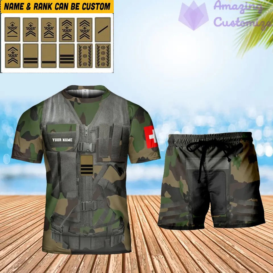 T-shirt personnalisé avec camouflage soldat/vétéran suisse avec nom et grade combinés + short imprimés en 3D -22042401QA