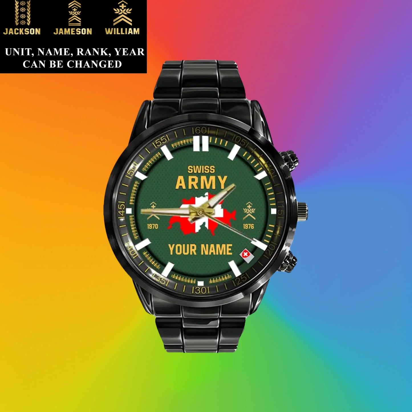 Personalized Swiss Soldier/ Veteran With Name, Rank and Year Black Stainless Steel Watch - 17062402QA - Gold Version