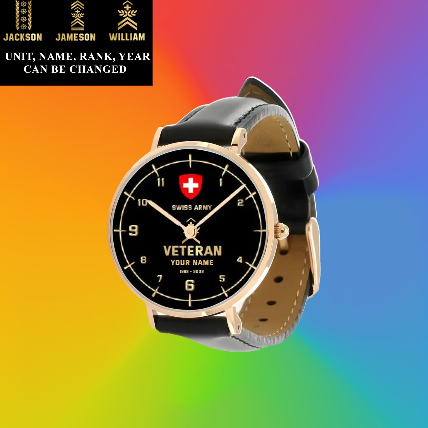 Montre personnalisée en cuir noir avec coutures noires pour soldat/vétéran suisse avec nom, grade et année - 03052402QA - Version dorée