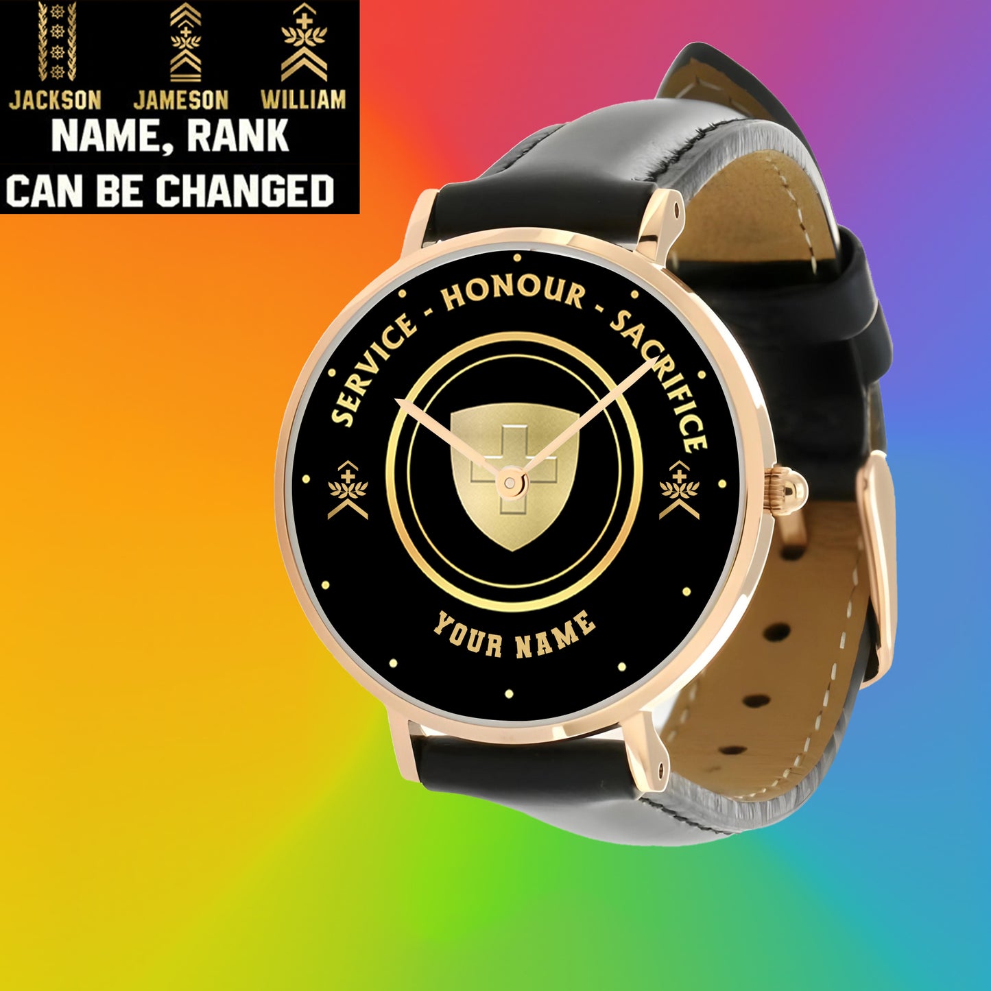 Personalisierte Schweizer Soldat/Veteran mit Namen, Rang, schwarze genähte Lederuhr – 2603240001 – Goldversion