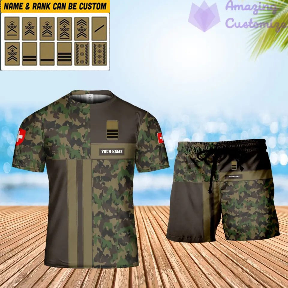 T-shirt personnalisé avec camouflage soldat/vétéran suisse avec nom et grade combinés + short imprimés en 3D -07052401QA