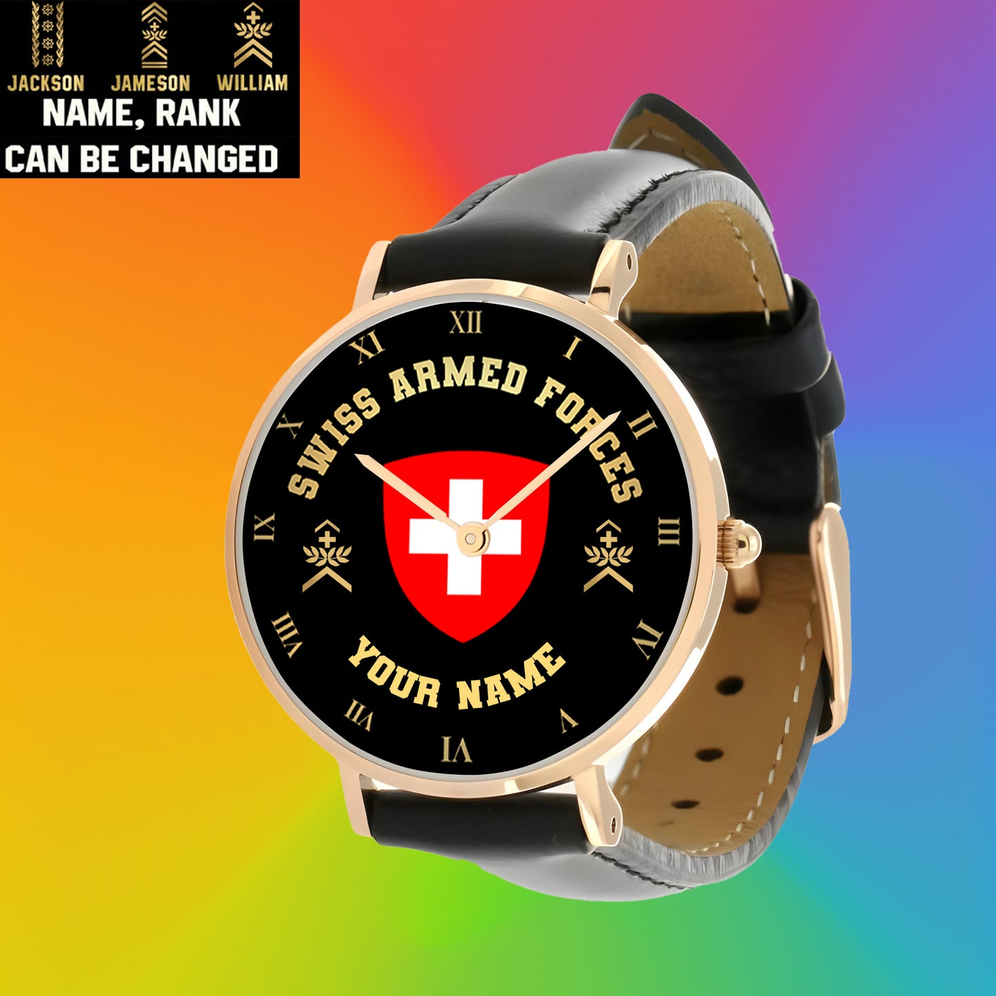 Montre personnalisée en cuir noir avec coutures noires pour soldat/vétéran suisse avec nom et grade - 0803240001 - Version dorée