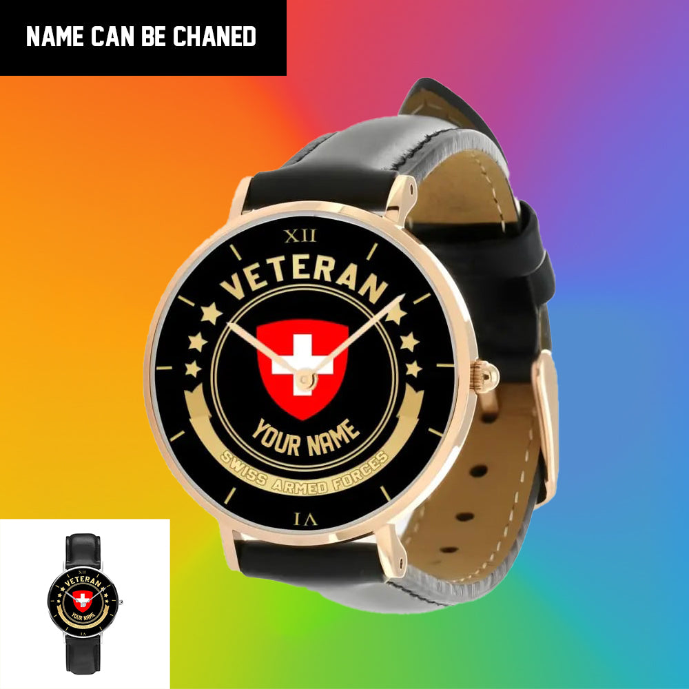 Personalisierte Schweizer Soldat/Veteran mit Namen, schwarze genähte Lederuhr – 1103240001 – Goldversion