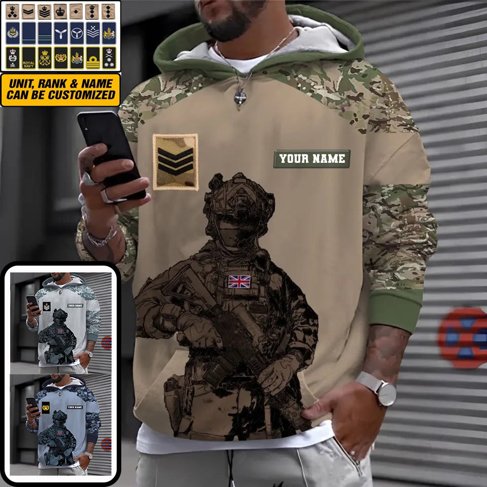 Sweat à capuche personnalisé avec camouflage soldat/vétéran britannique avec nom et grade imprimé en 3D - 2911230001