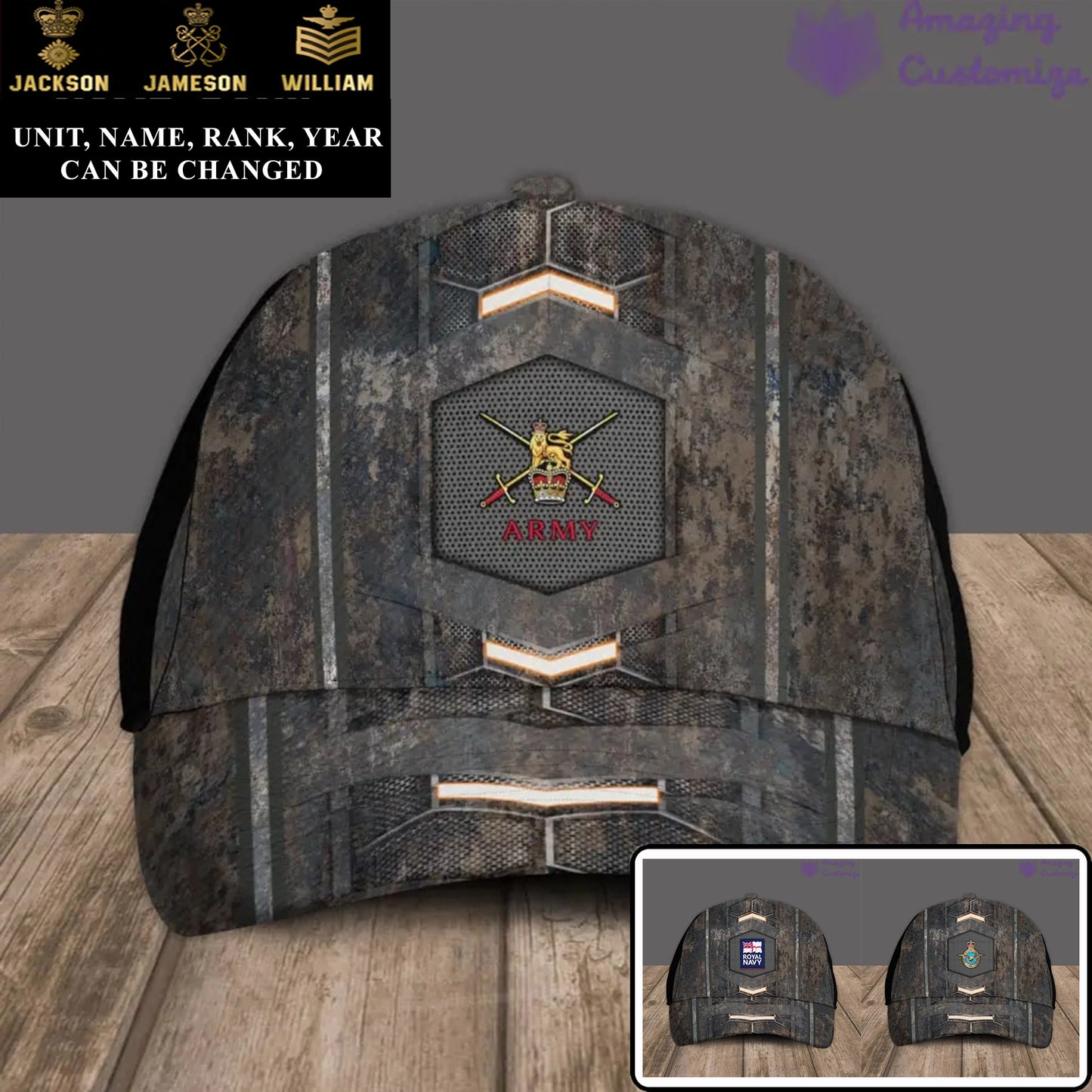 Casquette de baseball camouflage personnalisée avec grade, année et nom pour soldat/vétéran du Royaume-Uni - 17178048