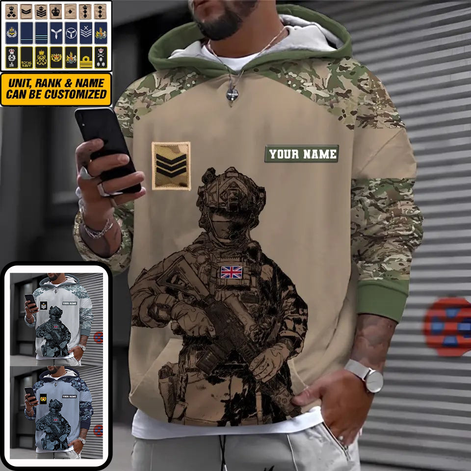 Sweat à capuche personnalisé avec camouflage soldat/vétéran britannique avec nom et grade imprimé en 3D -0512230001