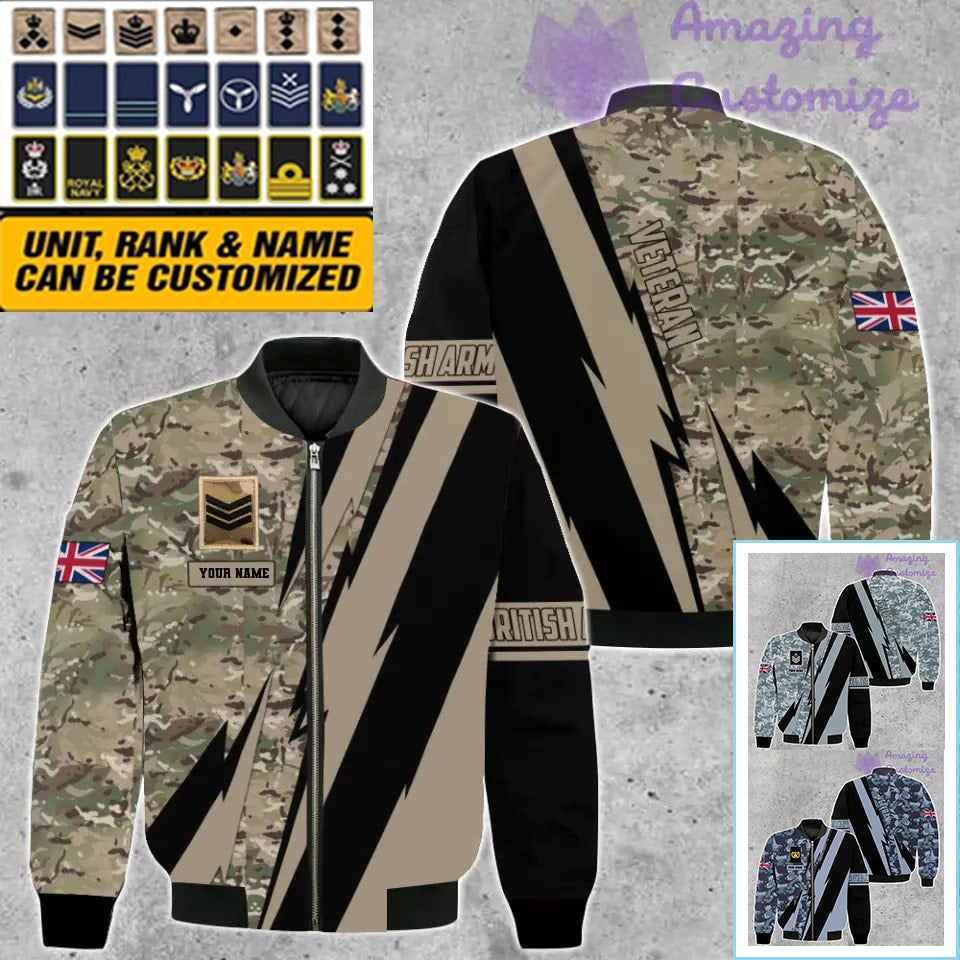 Personalisierte Bomberjacke mit Camouflage-Muster für britische Soldaten/Veteranen mit Namen und Rang, 3D-Druck – 05032401QA