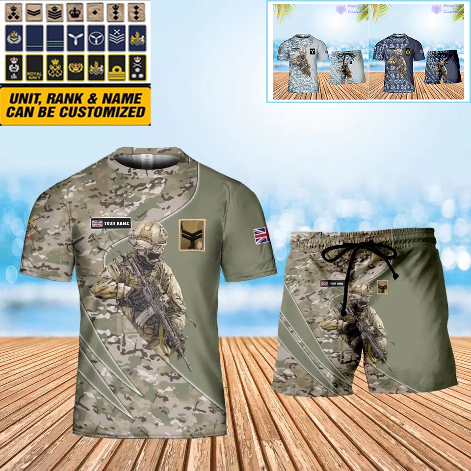 Personalisiertes britisches Soldaten-/Veteranen-Tarnmuster mit Namen und Rang, Kombi-T-Shirt + Short, 3D-Druck – 15052401QA