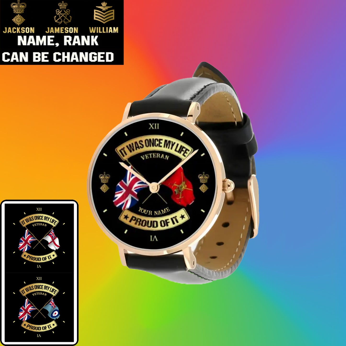 Montre personnalisée en cuir noir cousu pour soldat/vétéran britannique avec nom et grade - 03052401QA - Version dorée