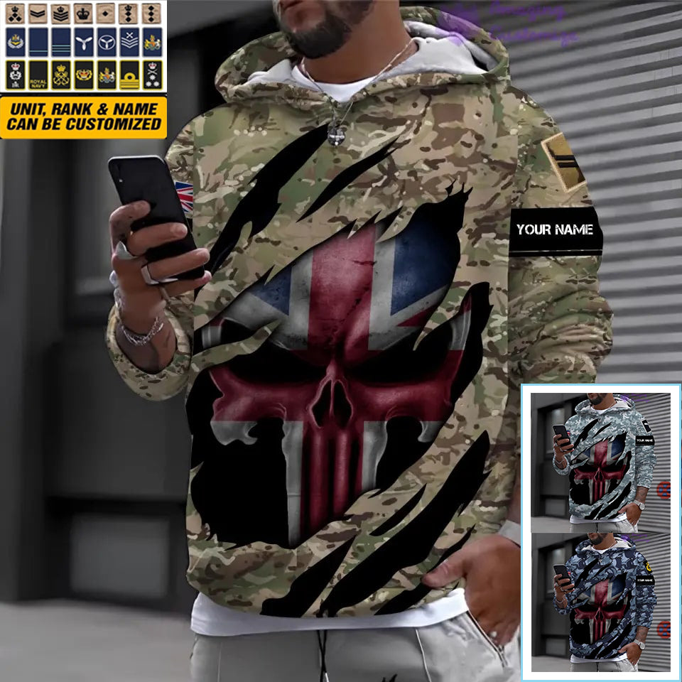 Sweat à capuche personnalisé avec camouflage soldat/vétéran britannique avec nom et grade imprimé en 3D - 08042402QA