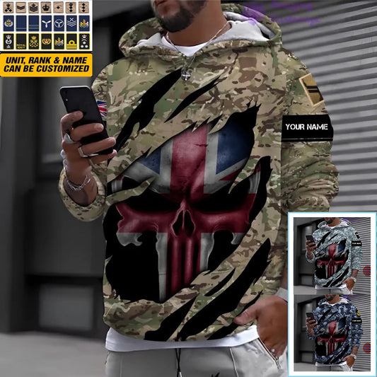 Sweat à capuche personnalisé avec camouflage soldat/vétéran britannique avec nom et grade imprimé en 3D - 08042402QA