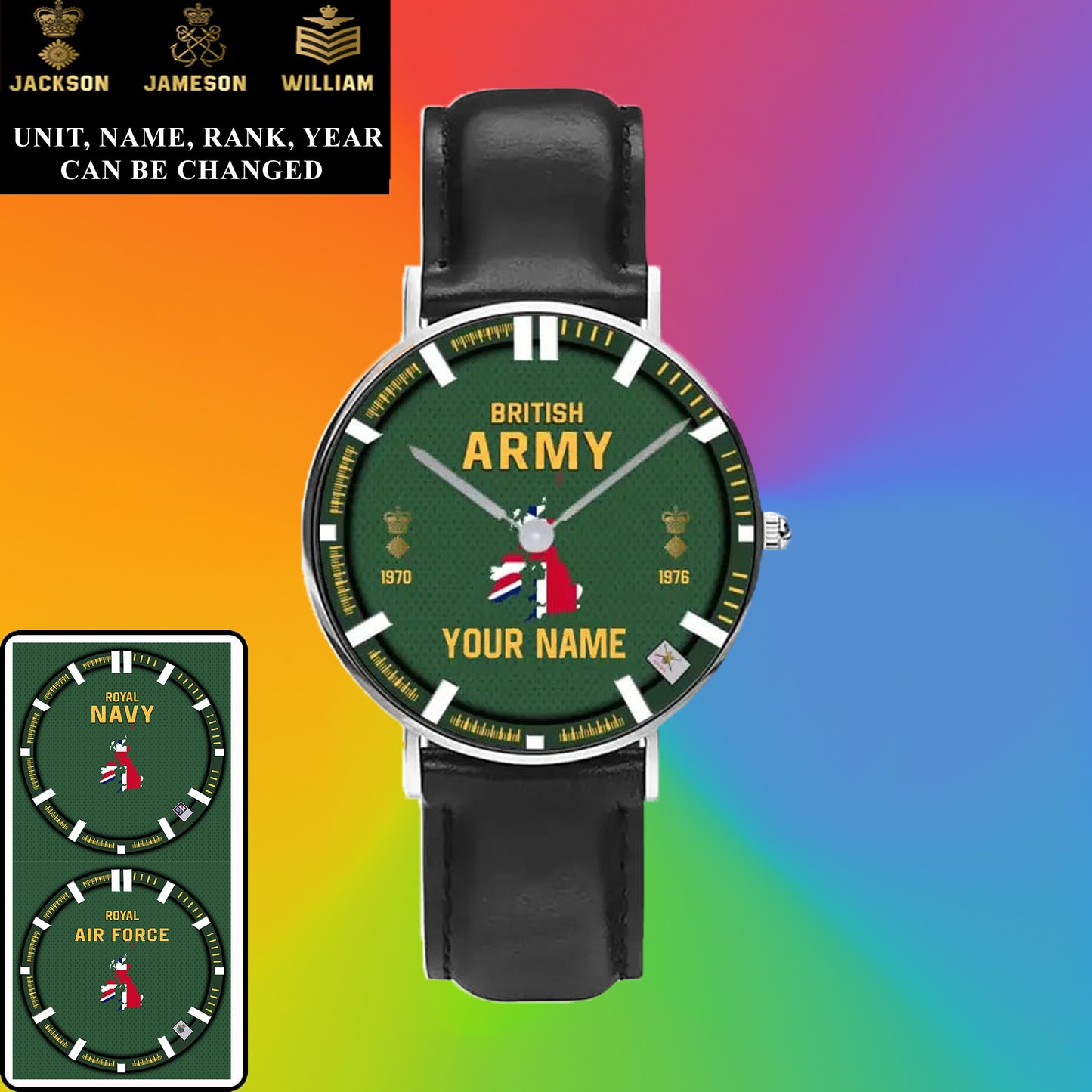 Personalized UK Soldier/ Veteran With Name, Rank and Year Black Stitched Leather Watch - 17062402QA - Gold Version