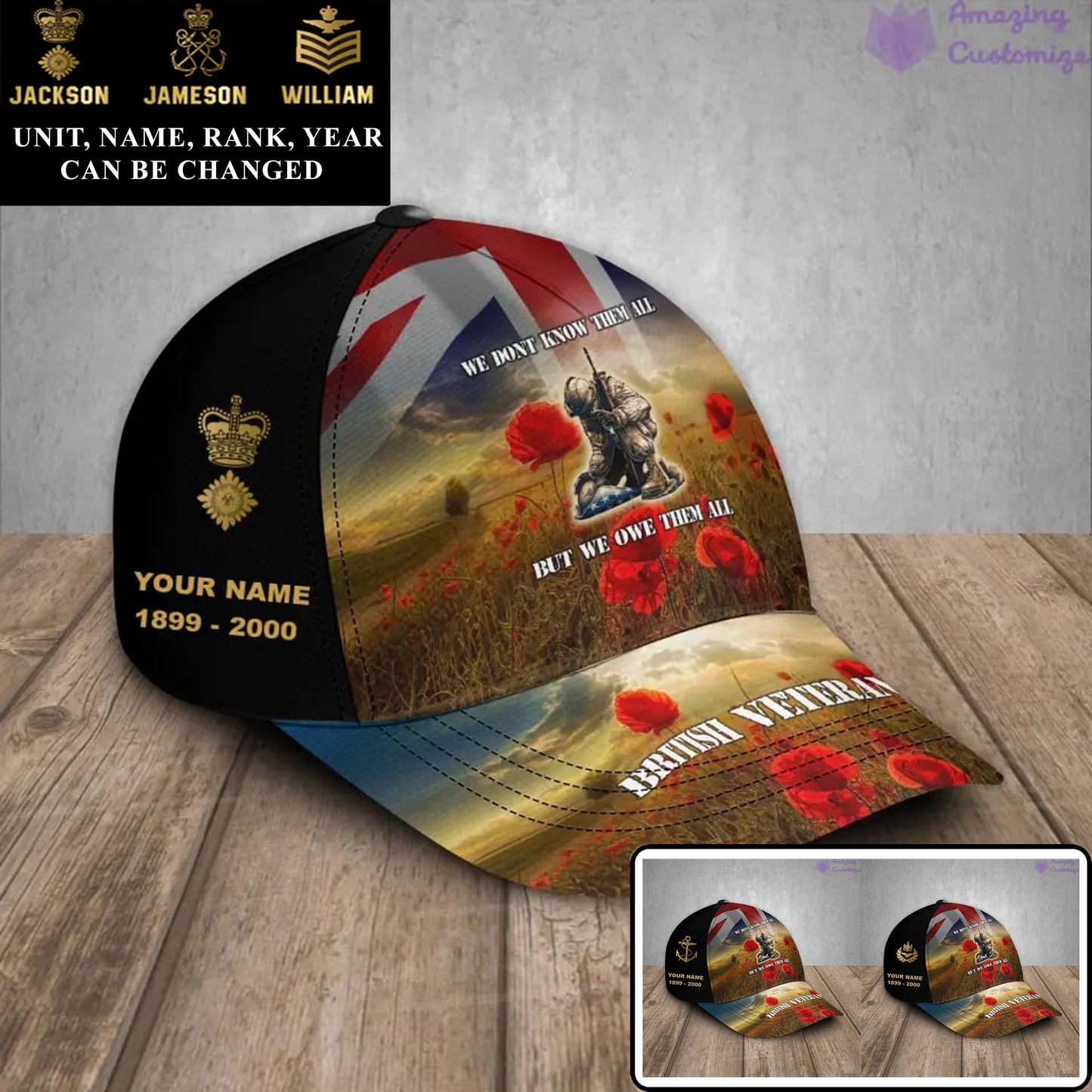 Casquette de baseball personnalisée avec grade, année et nom pour soldat/vétéran du Royaume-Uni - 17182368