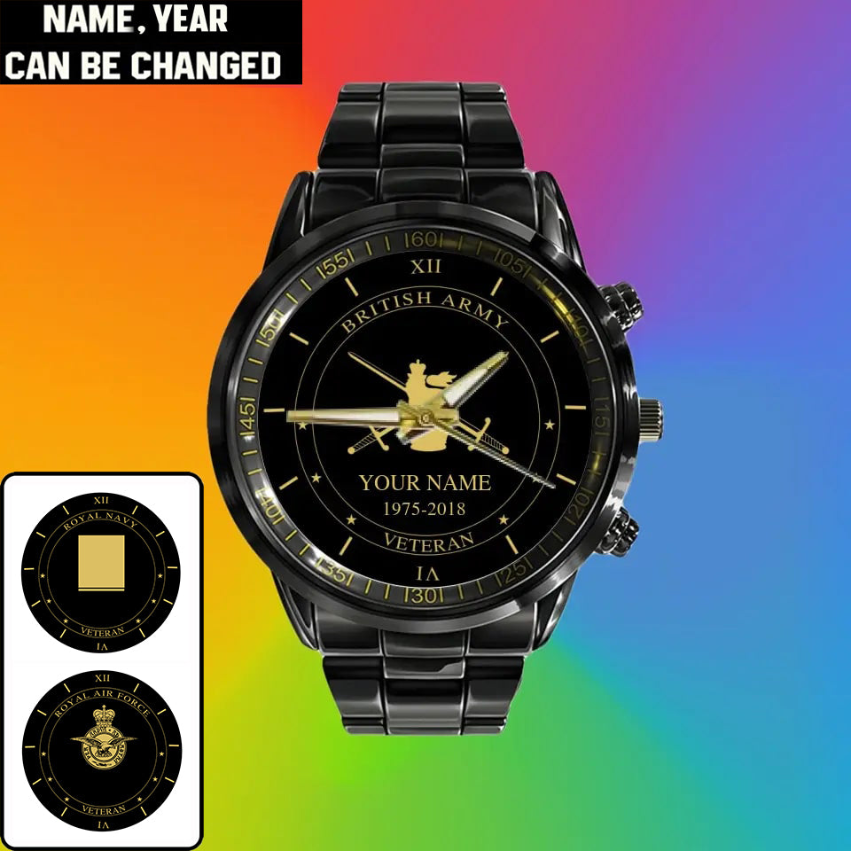 Personalized UK Soldier/ Veteran With Name And Year Black Stainless Steel Watch - 1603240001 - Gold Version