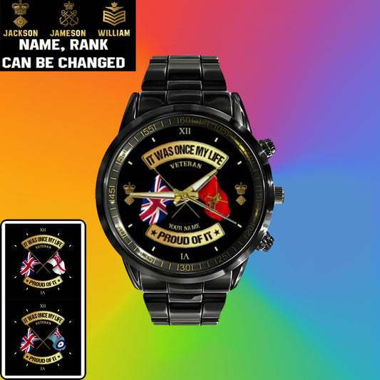 Personalized UK Soldier/ Veteran With Name and Rank Black Stainless Steel Watch - 03052401QA - Gold Version