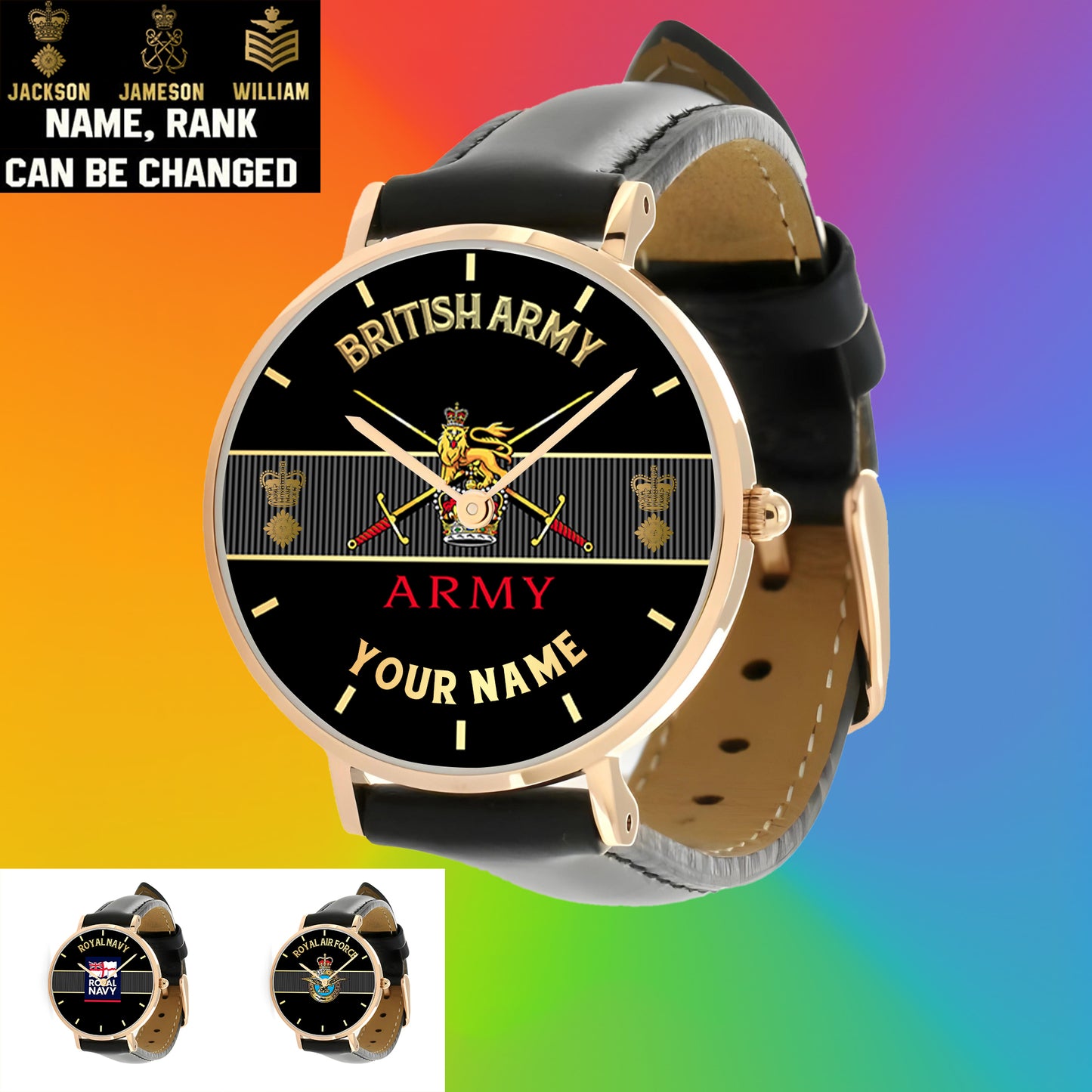 Montre personnalisée en cuir noir avec coutures noires pour soldat/vétéran du Royaume-Uni avec nom et grade - 0703240001 - Version dorée