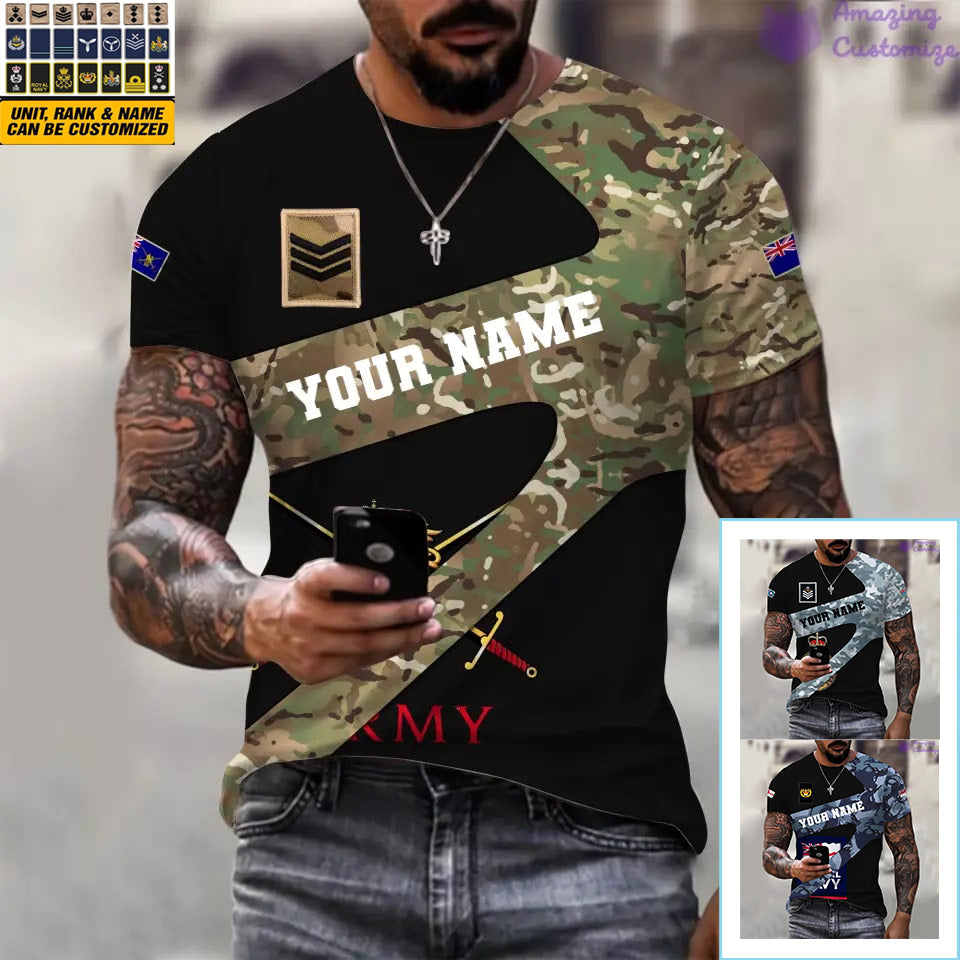 T-shirt personnalisé avec camouflage soldat/vétéran britannique avec nom et grade imprimé en 3D - 3001240001QA