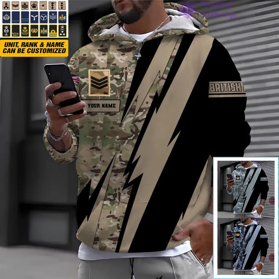 Sweat à capuche personnalisé avec camouflage soldat/vétéran britannique avec nom et grade imprimé en 3D - 0503240001QA