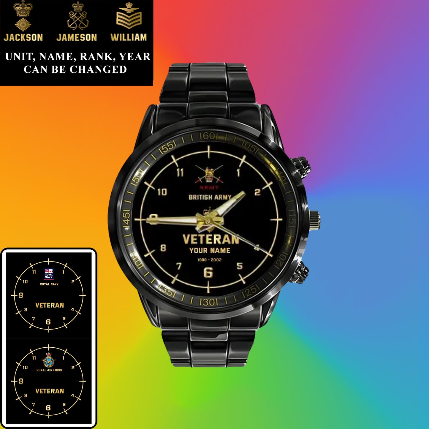 Montre personnalisée en acier inoxydable noir pour soldat/vétéran britannique avec nom, grade et année - 03052402QA - Version dorée