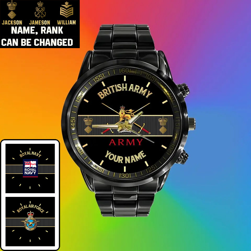 Personalized UK Soldier/ Veteran With Name And Rank Black Stainless Steel Watch - 17097696 - Gold Version