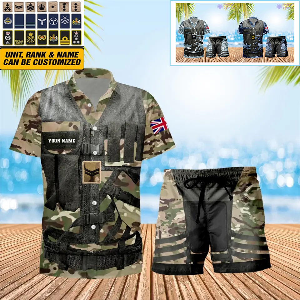 T-shirt hawaïen personnalisé avec camouflage soldat/vétéran britannique et combo de grades + short imprimés en 3D - 22042401QA