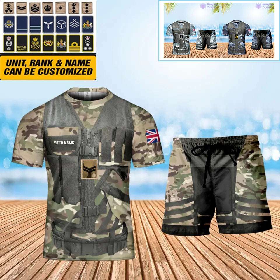 T-shirt personnalisé avec camouflage soldat/vétéran britannique avec nom et grade + short imprimé en 3D - 22042401QA