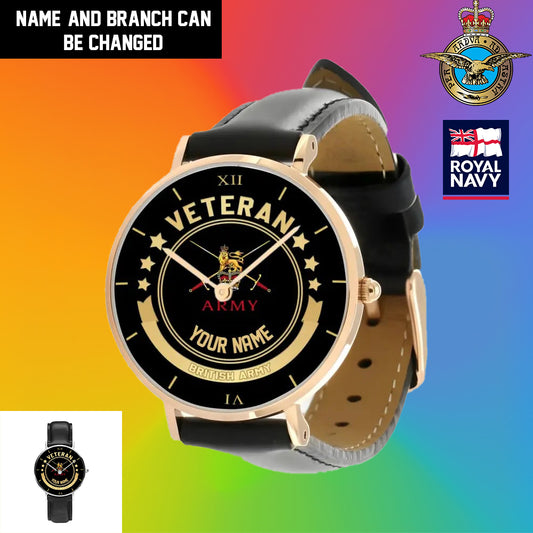 Personalisierte britische Soldat/Veteran mit Namen, schwarze genähte Lederuhr – 1103240001 – goldene Version