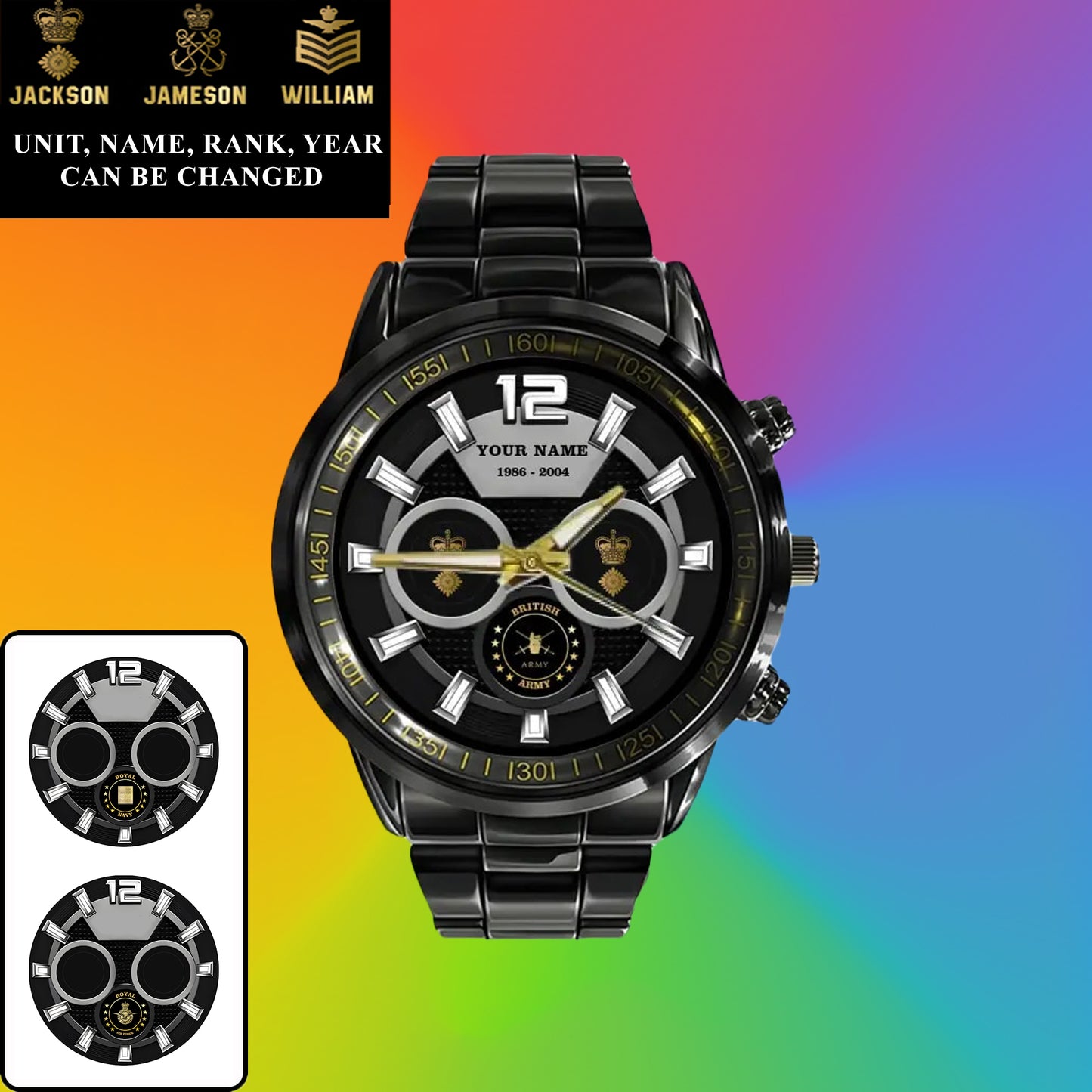 Personalized UK Soldier/ Veteran With Name, Rank and Year Black Stainless Steel Watch - 27042401QA - Gold Version