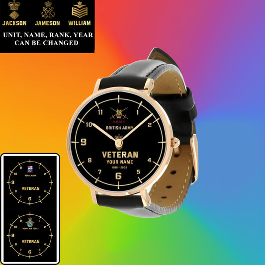 Personalized UK Soldier/ Veteran With Name, Rank and Year Black Stitched Leather Watch - 03052402QA - Gold Version