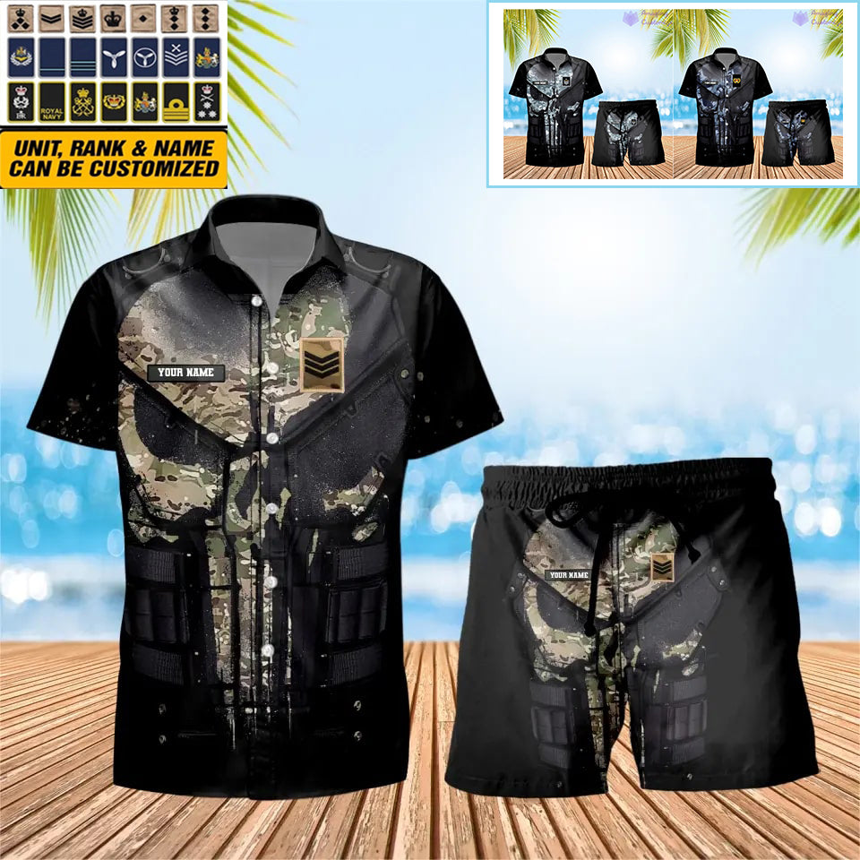 T-shirt hawaïen personnalisé avec camouflage soldat/vétéran britannique et combo de grades + short imprimé en 3D - 0112230001QA