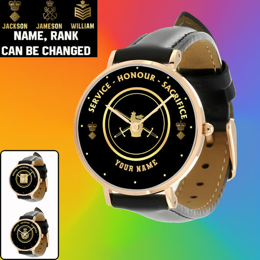 Personalized UK Soldier/ Veteran With Name, Rank Black Stitched Leather Watch - 2603240001 - Gold Version