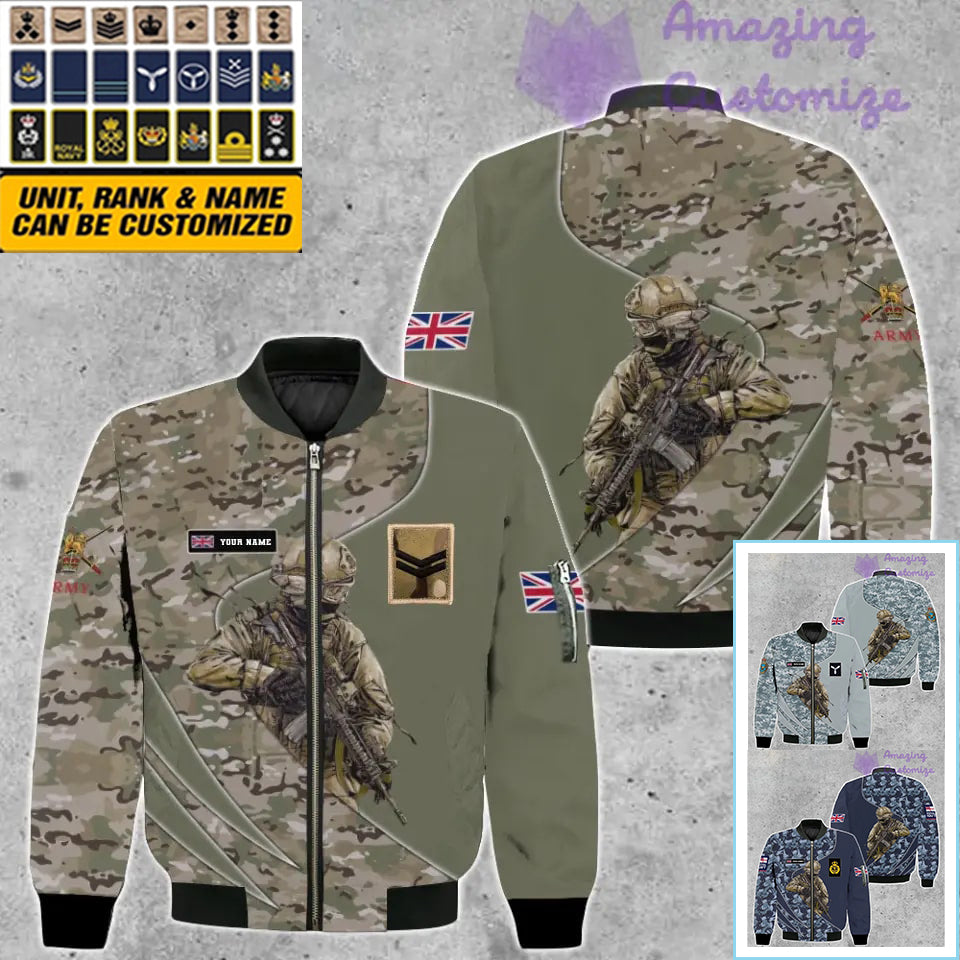 Veste de bombardier personnalisée avec camouflage soldat/vétéran britannique avec nom et grade, imprimée en 3D - 150524QA