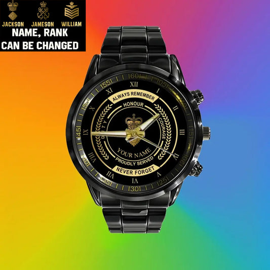 Personalized UK Soldier/ Veteran With Name And Rank Black Stainless Steel Watch - 0603240002 - Gold Version