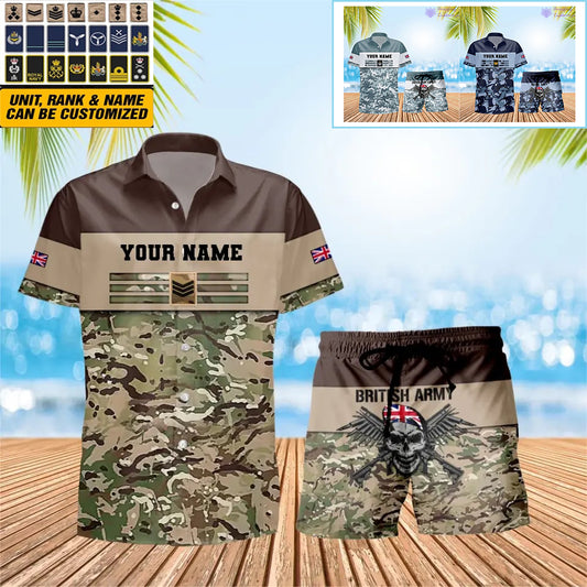 Personalisiertes britisches Soldaten-/Veteranen-Tarnmuster mit Rangkombination, Hawaiihemd + Shorts, 3D-Druck – 1112230001QA