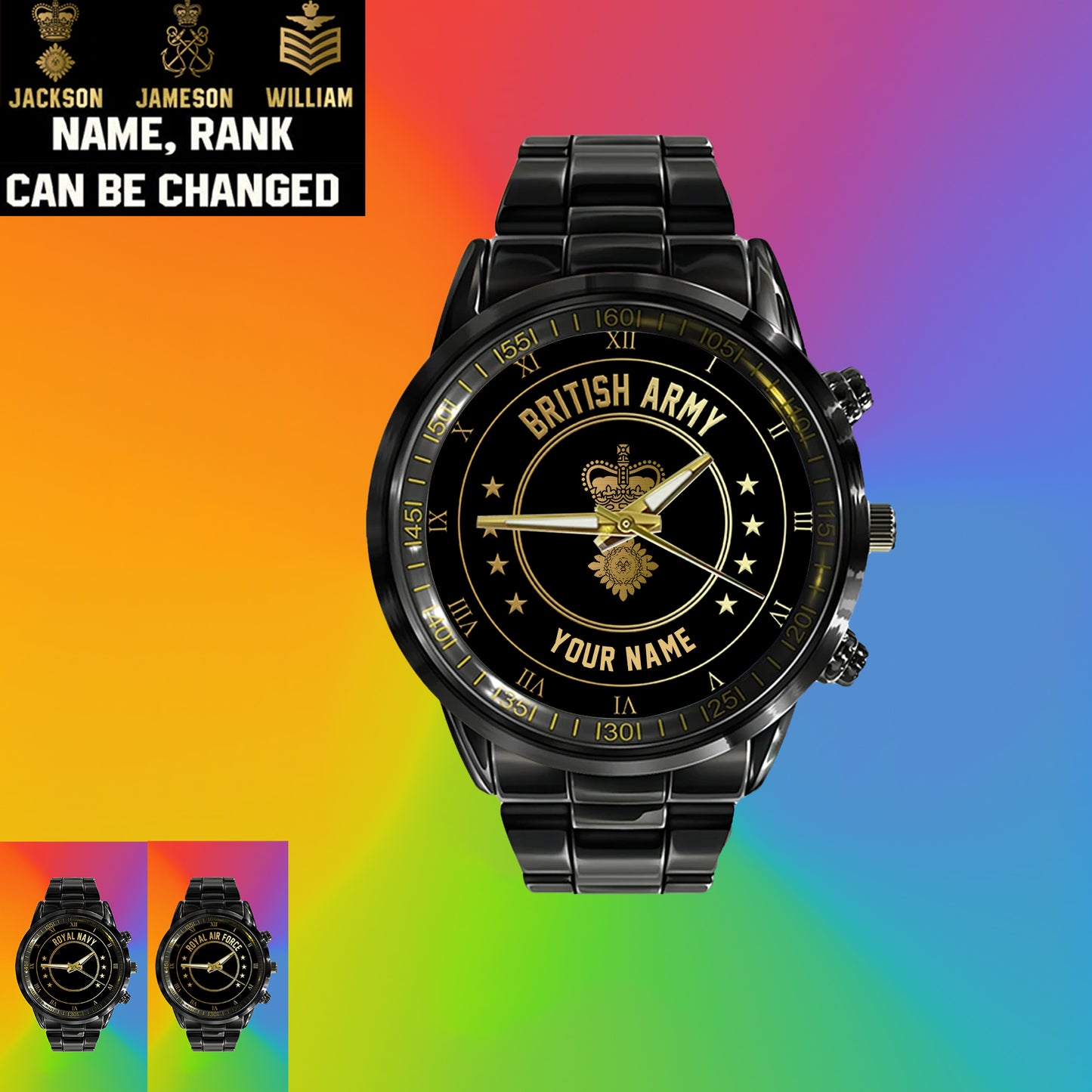 Personalized UK Soldier/ Veteran With Name And Rank Black Stainless Steel Watch - 2003240001 - Gold Version