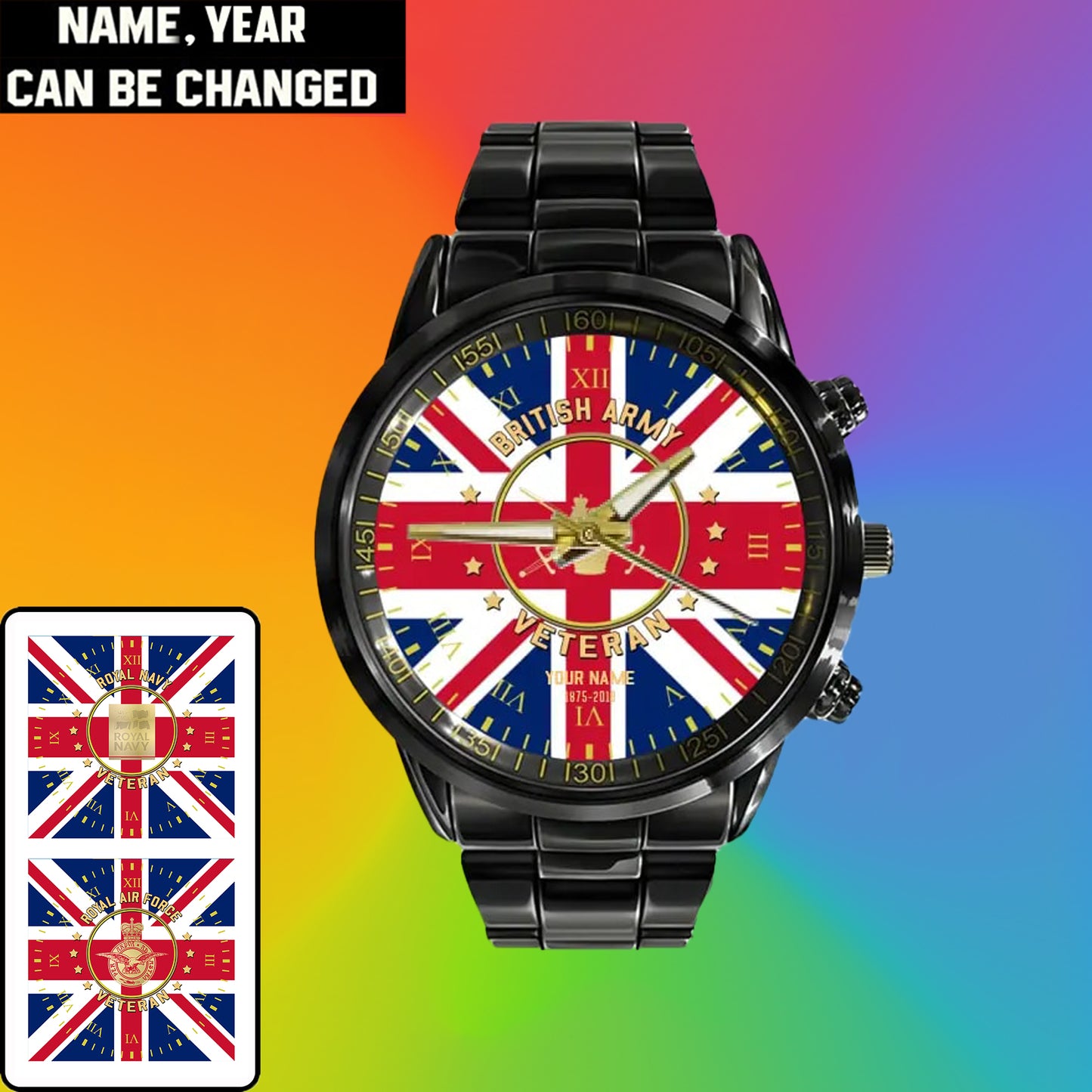 Montre personnalisée en acier inoxydable noir pour soldat/vétéran britannique avec nom et grade - 0204240001 - Version dorée