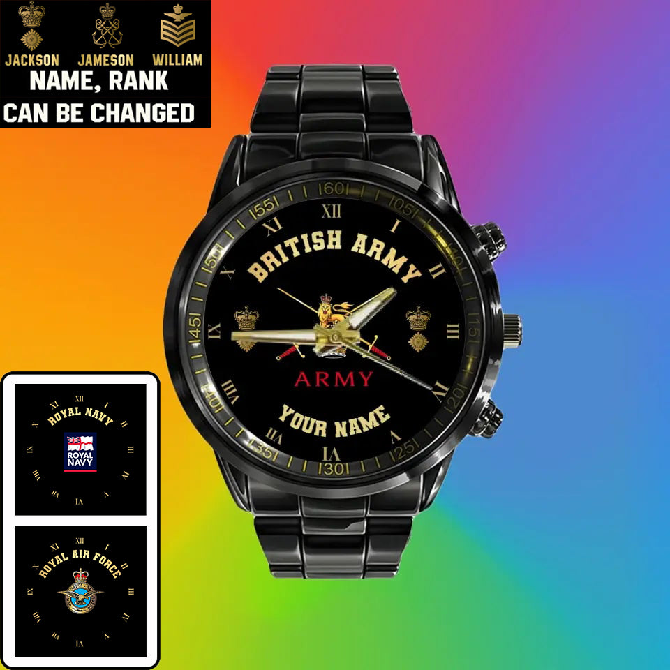 Personalized UK Soldier/ Veteran With Name And Rank Black Stainless Steel Watch - 0803240001 - Gold Version