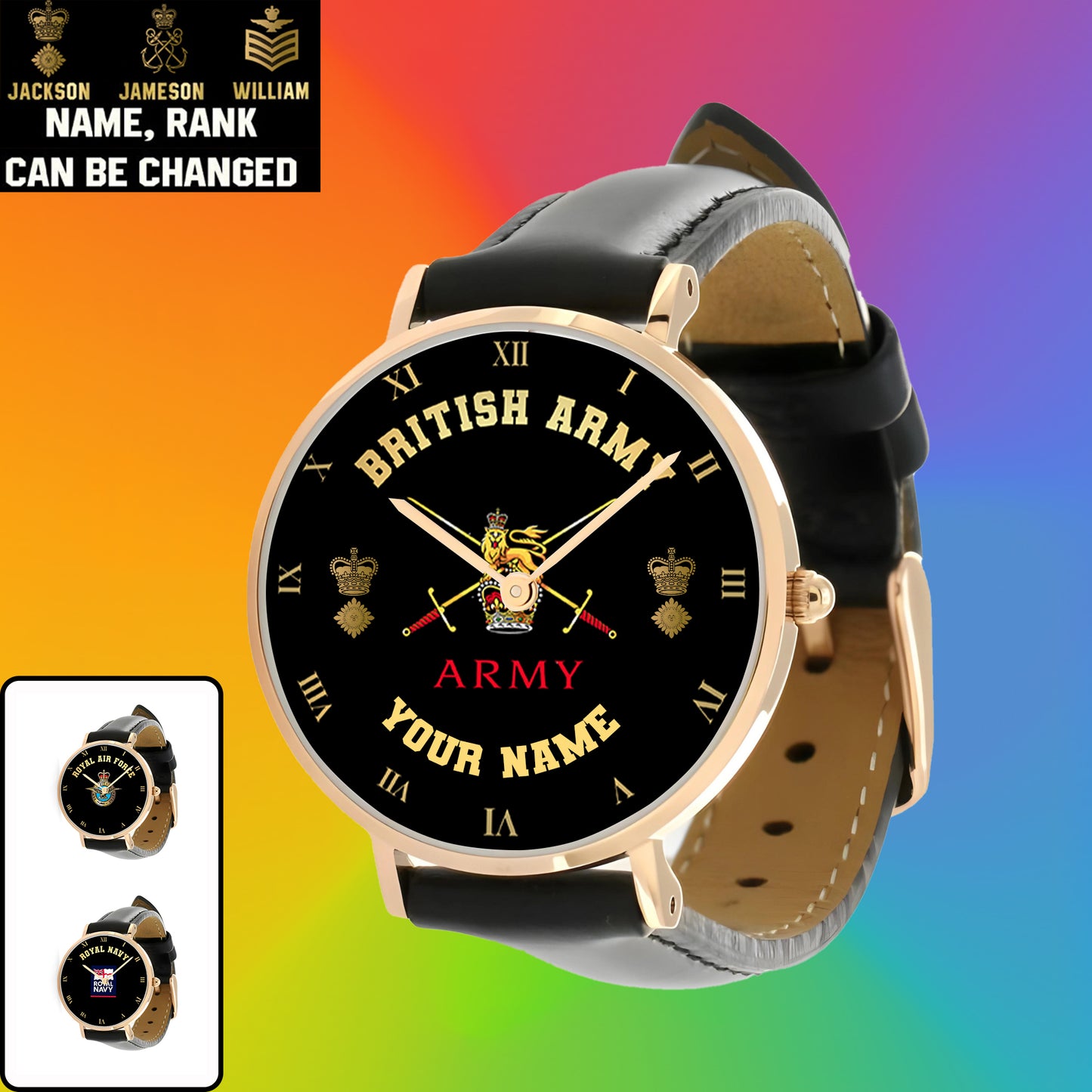 Montre personnalisée en cuir noir avec coutures noires pour soldat/vétéran du Royaume-Uni avec nom et grade - 0803240001 - Version dorée