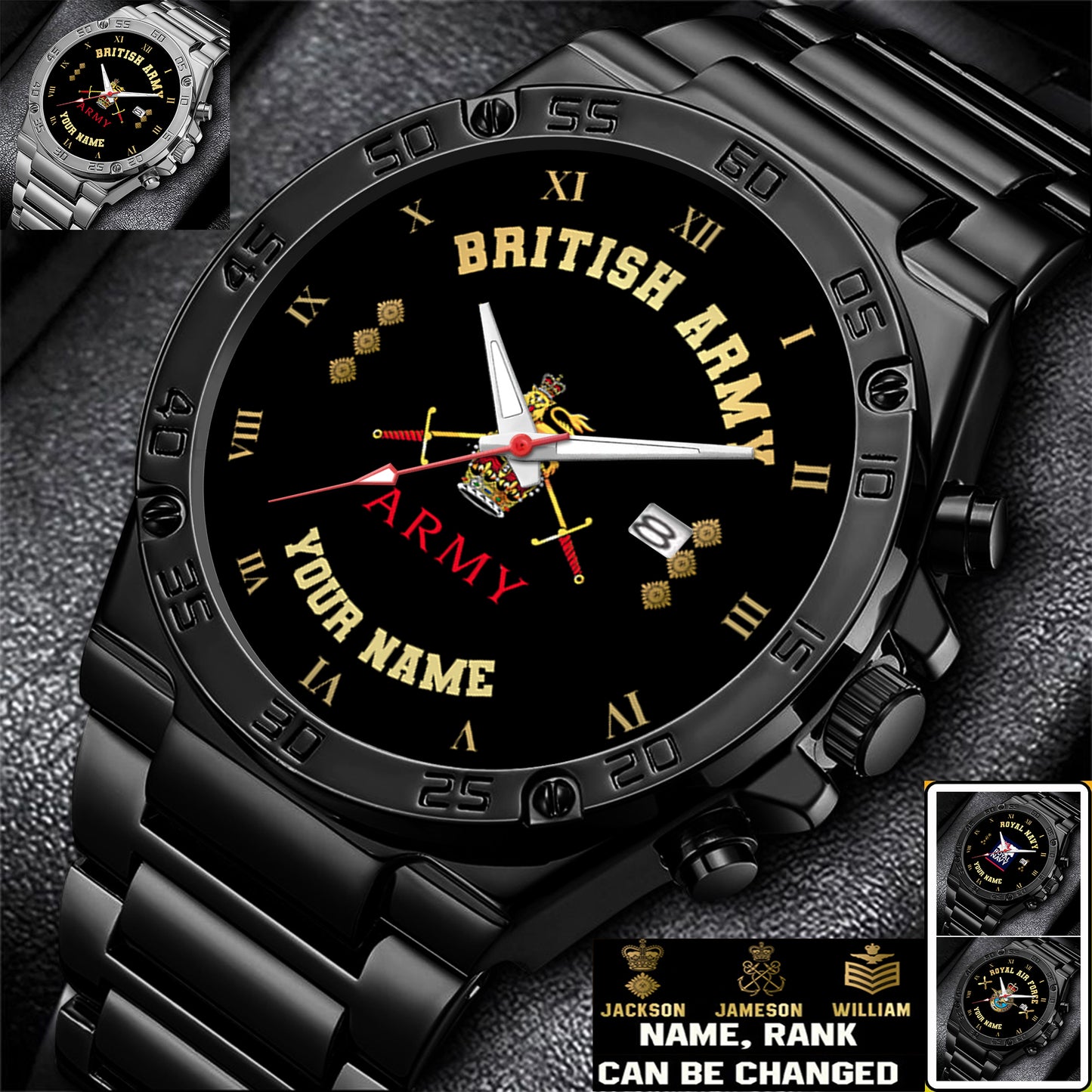 Personalized UK Soldier/ Veteran With Name And Rank Gentleman Stainless Steel Watch - 17388864