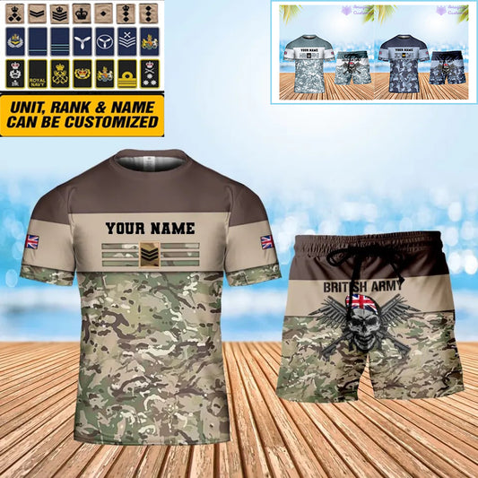Personalized UK Soldier/ Veteran Camo With Name And Rank Combo T-Shirt + Short 3D Printed  - 1112230001QA