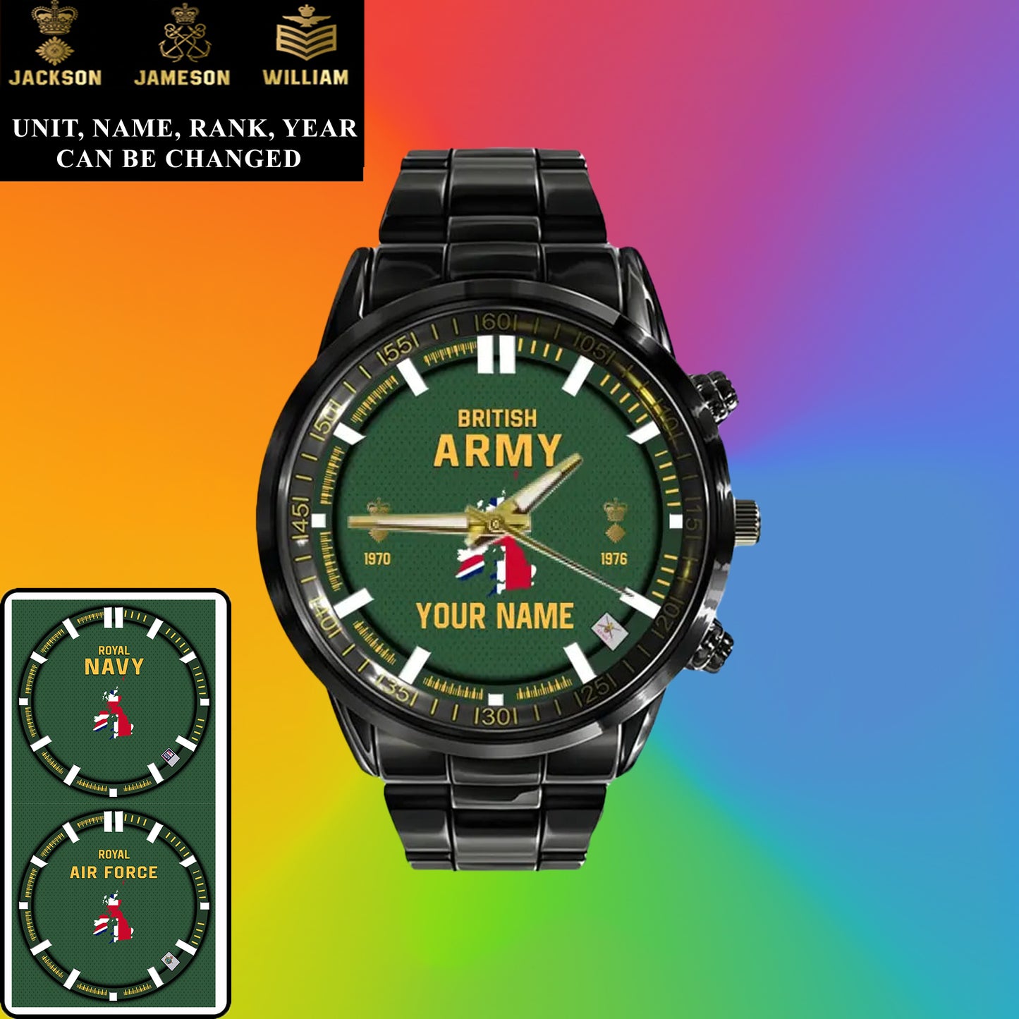 Personalized UK Soldier/ Veteran With Name, Rank and Year Black Stainless Steel Watch - 17062402QA - Gold Version