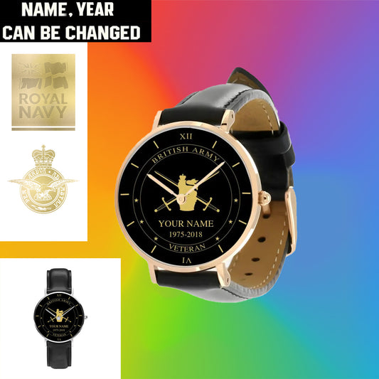 Personalized UK Soldier/ Veteran With Name And Year Black Stitched Leather Watch - 1603240001 - Gold Version