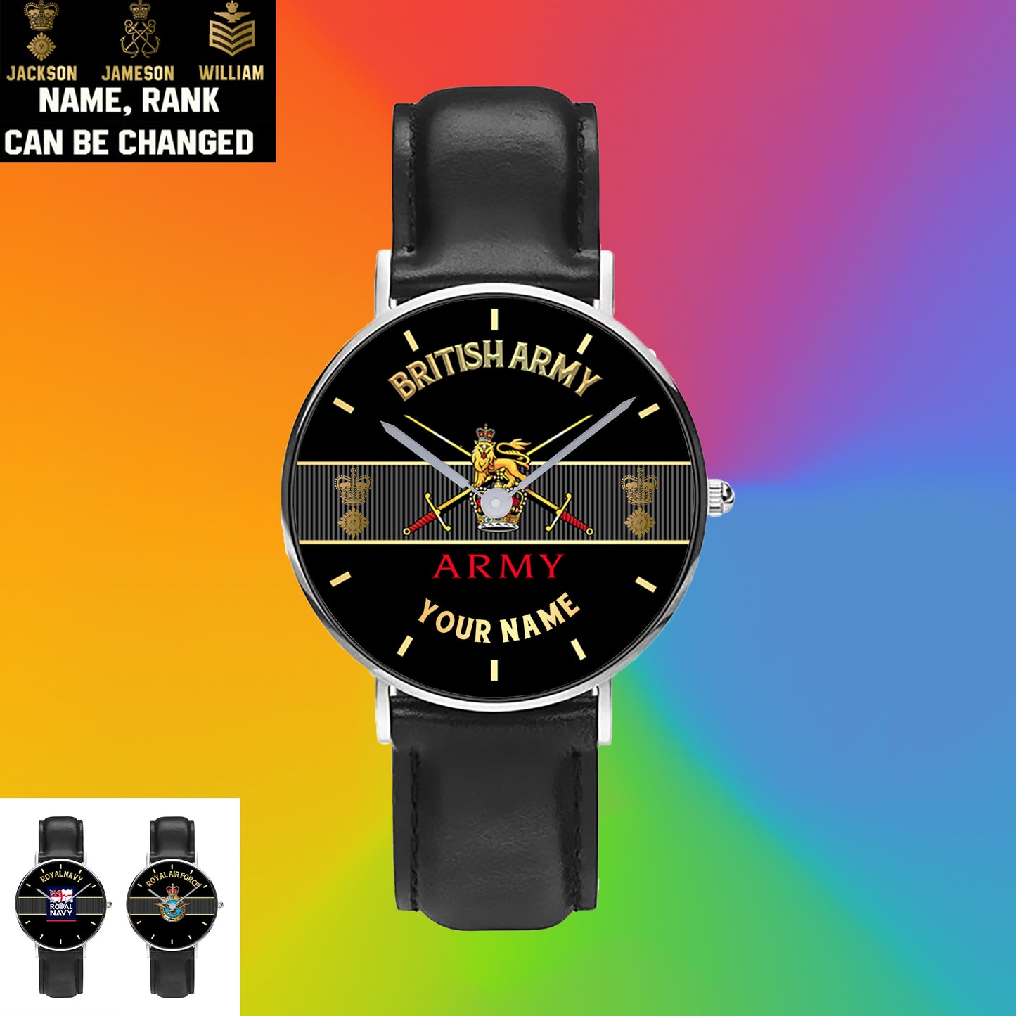 Montre personnalisée en cuir noir avec coutures noires pour soldat/vétéran du Royaume-Uni avec nom et grade - 0703240001 - Version dorée