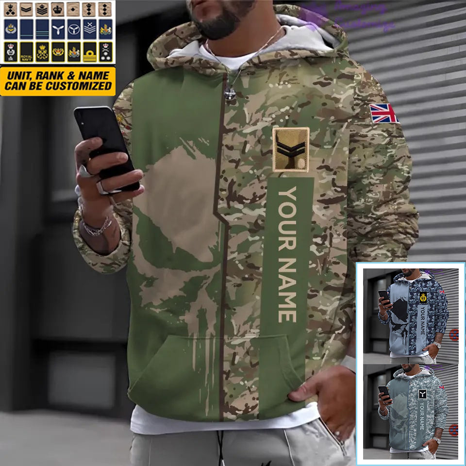 Personalisierter Kapuzenpullover mit Camouflage-Muster für britische Soldaten/Veteranen mit Namen und Rang, bedruckt – 10052401QA