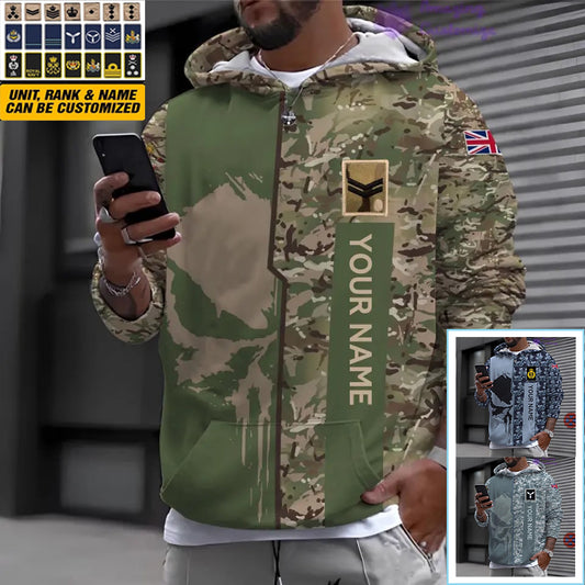 Sweat à capuche personnalisé avec motif camouflage soldat/vétéran du Royaume-Uni et nom et grade imprimés - 10052401QA