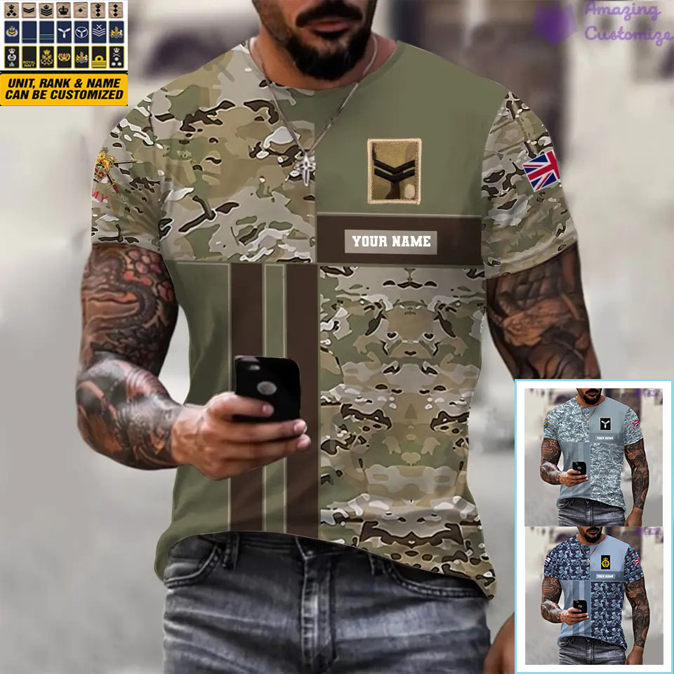 Personalisiertes T-Shirt mit Camouflage-Muster für britische Soldaten/Veteranen mit Namen und Rang bedruckt – 07052401QA