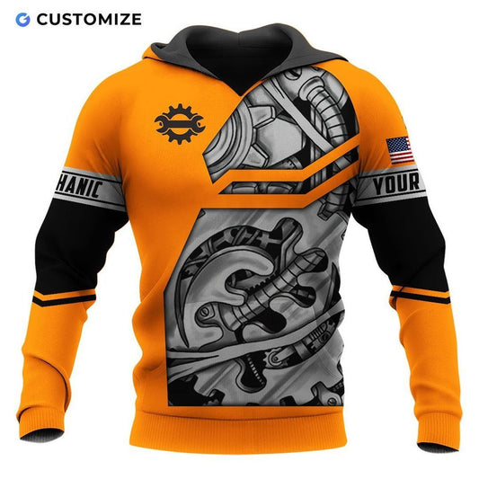 Personalized Name Funny Mechanic 3D Unisex Shirts Orange